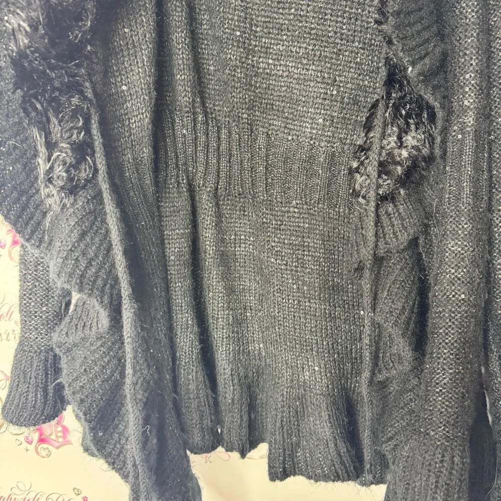 Valenti cardigan sequins sparkly furry fur neckline tie up Black Women's Sweater - Picture 7 of 10